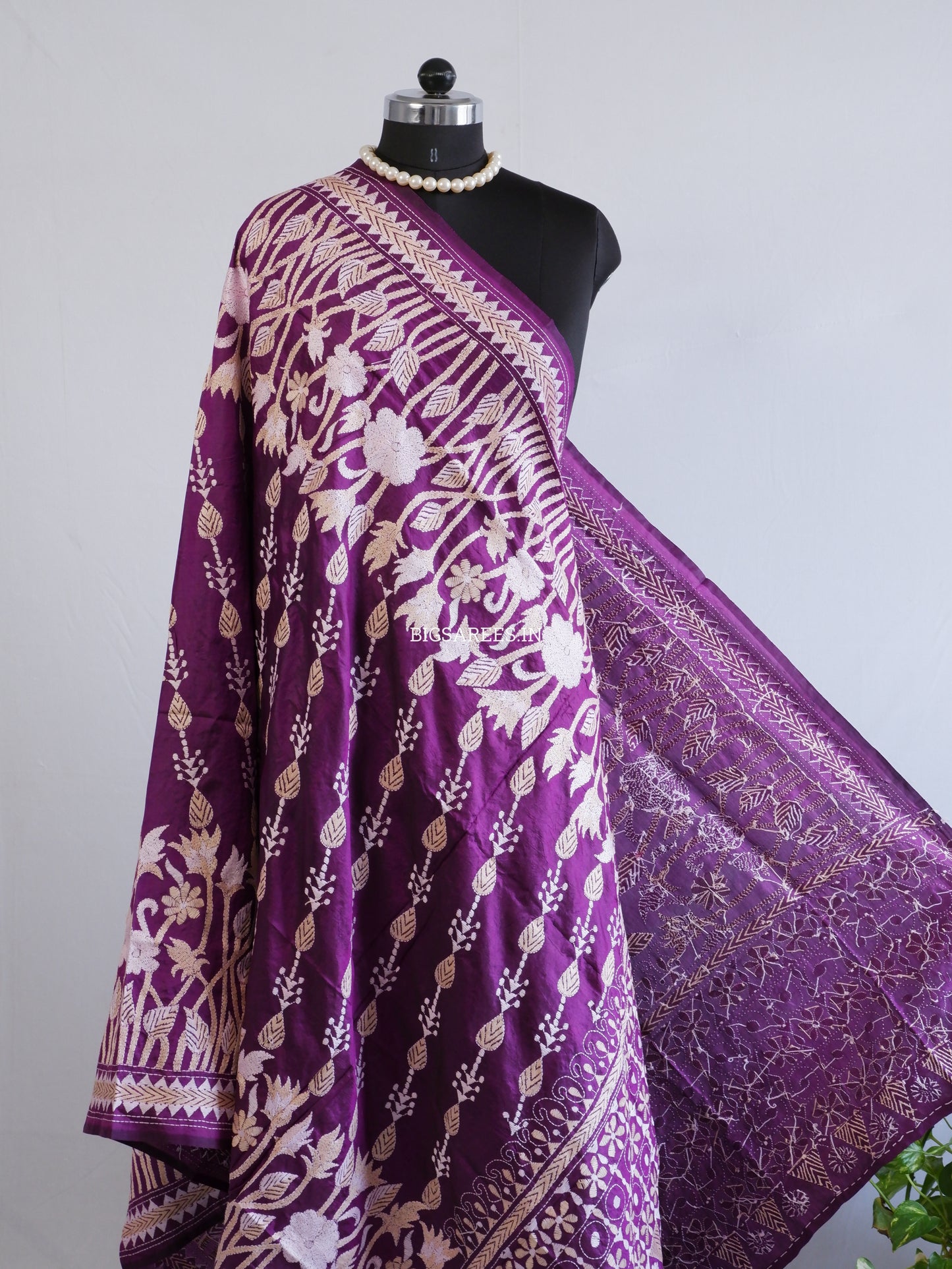 Kantha Hand-Embroidered Dupatta | Pure Bangalore Silk | Silk Marked | Purple
