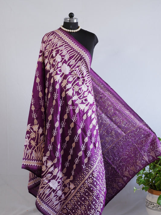 Kantha Hand-Embroidered Dupatta | Pure Bangalore Silk | Silk Marked | Purple