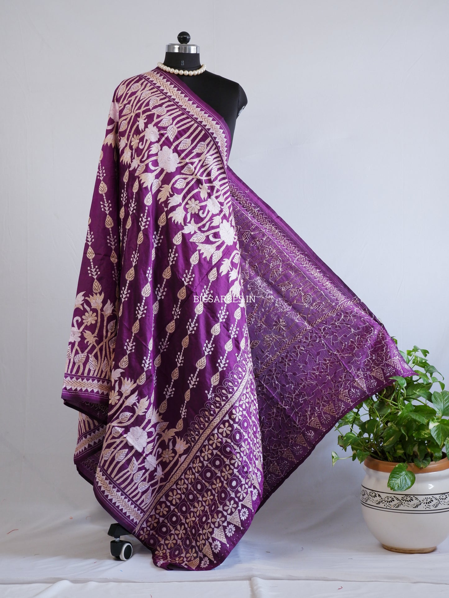 Kantha Hand-Embroidered Dupatta | Pure Bangalore Silk | Silk Marked | Purple