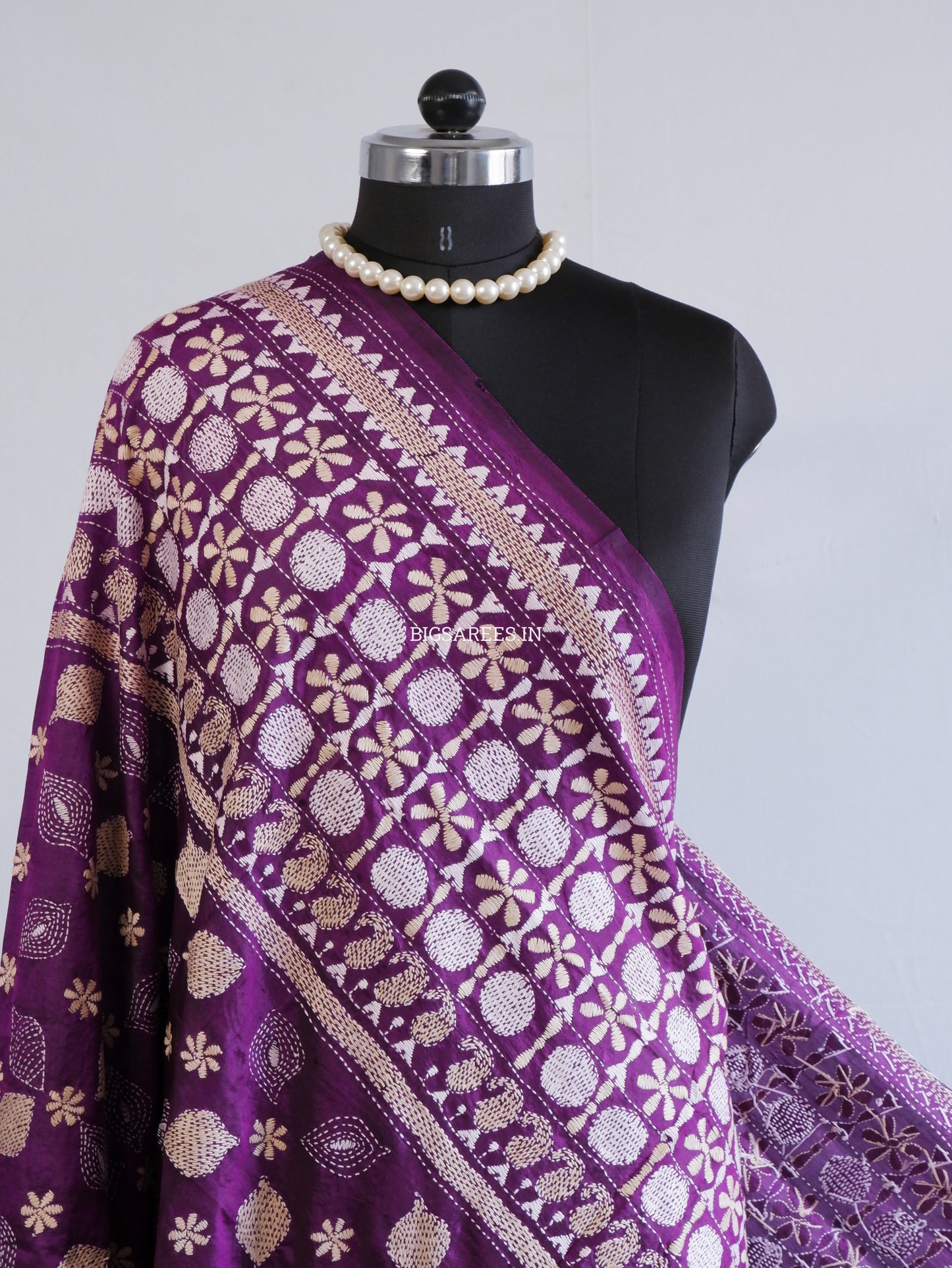 Kantha Hand-Embroidered Dupatta | Pure Bangalore Silk | Silk Marked | Purple