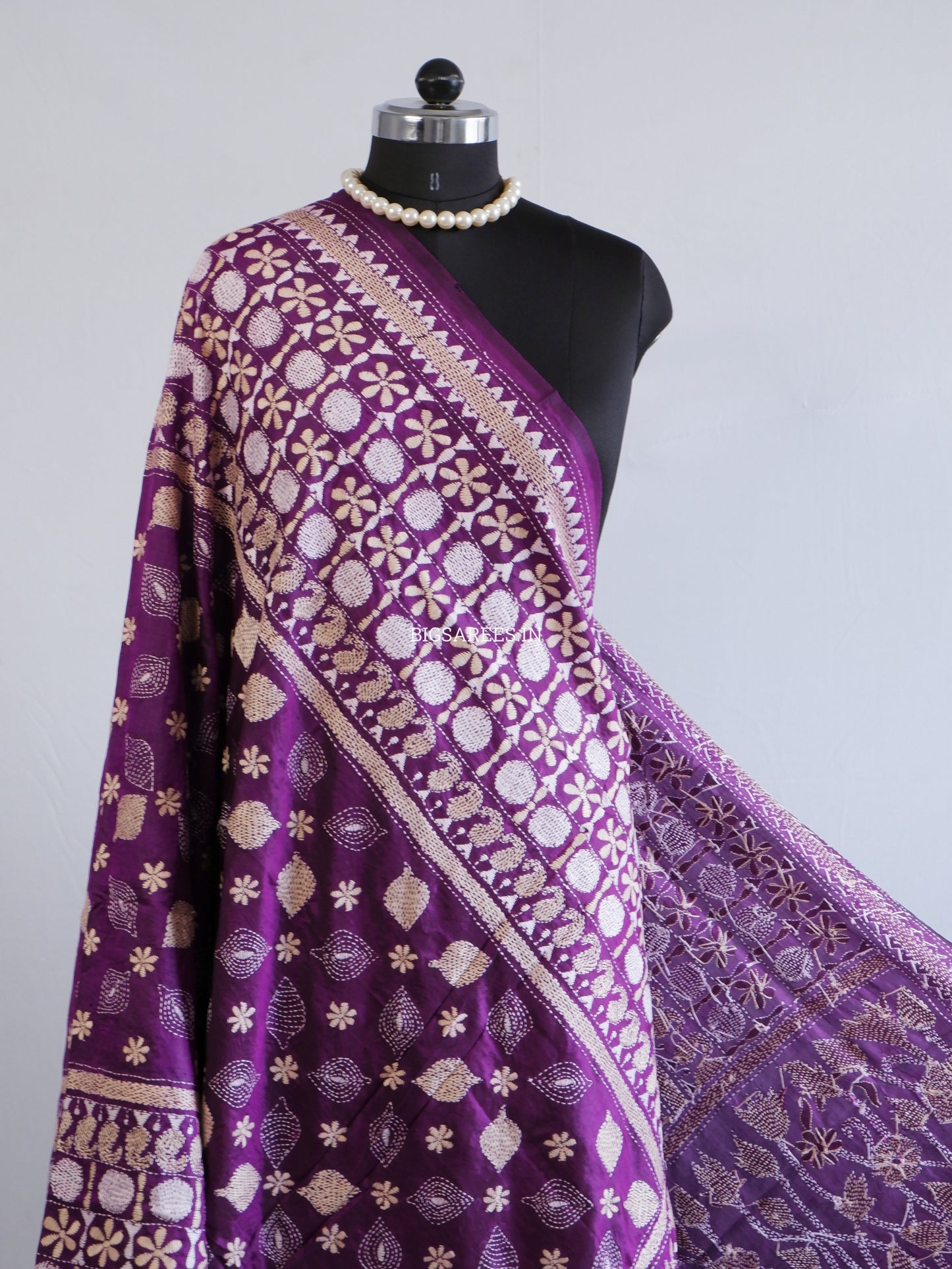 Kantha Hand-Embroidered Dupatta | Pure Bangalore Silk | Silk Marked | Purple