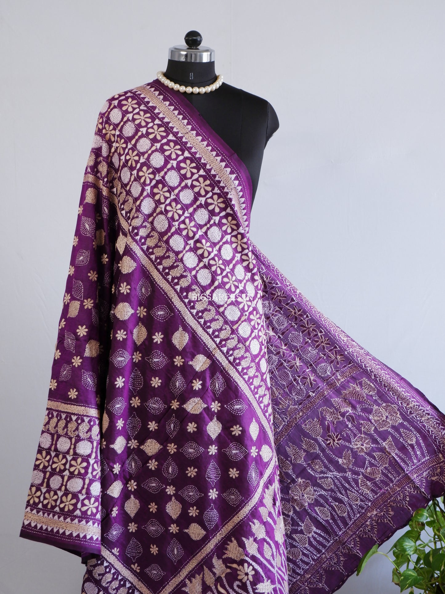 Kantha Hand-Embroidered Dupatta | Pure Bangalore Silk | Silk Marked | Purple