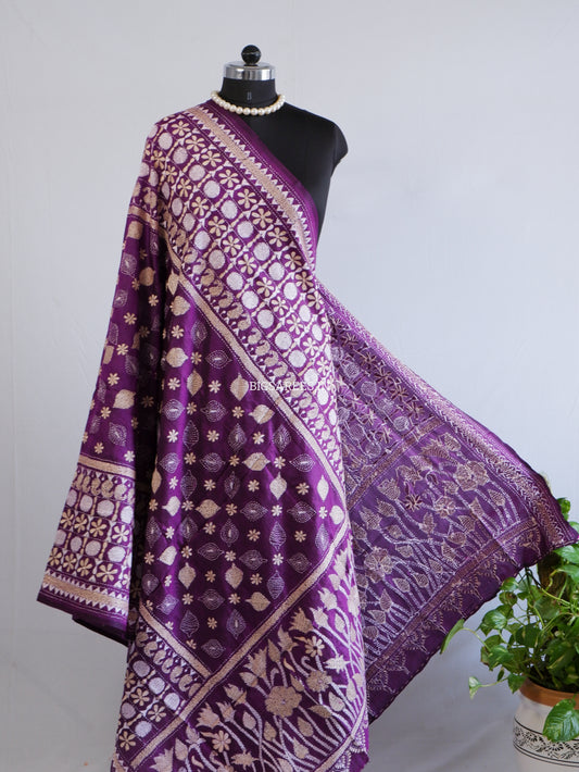 Kantha Hand-Embroidered Dupatta | Pure Bangalore Silk | Silk Marked | Purple