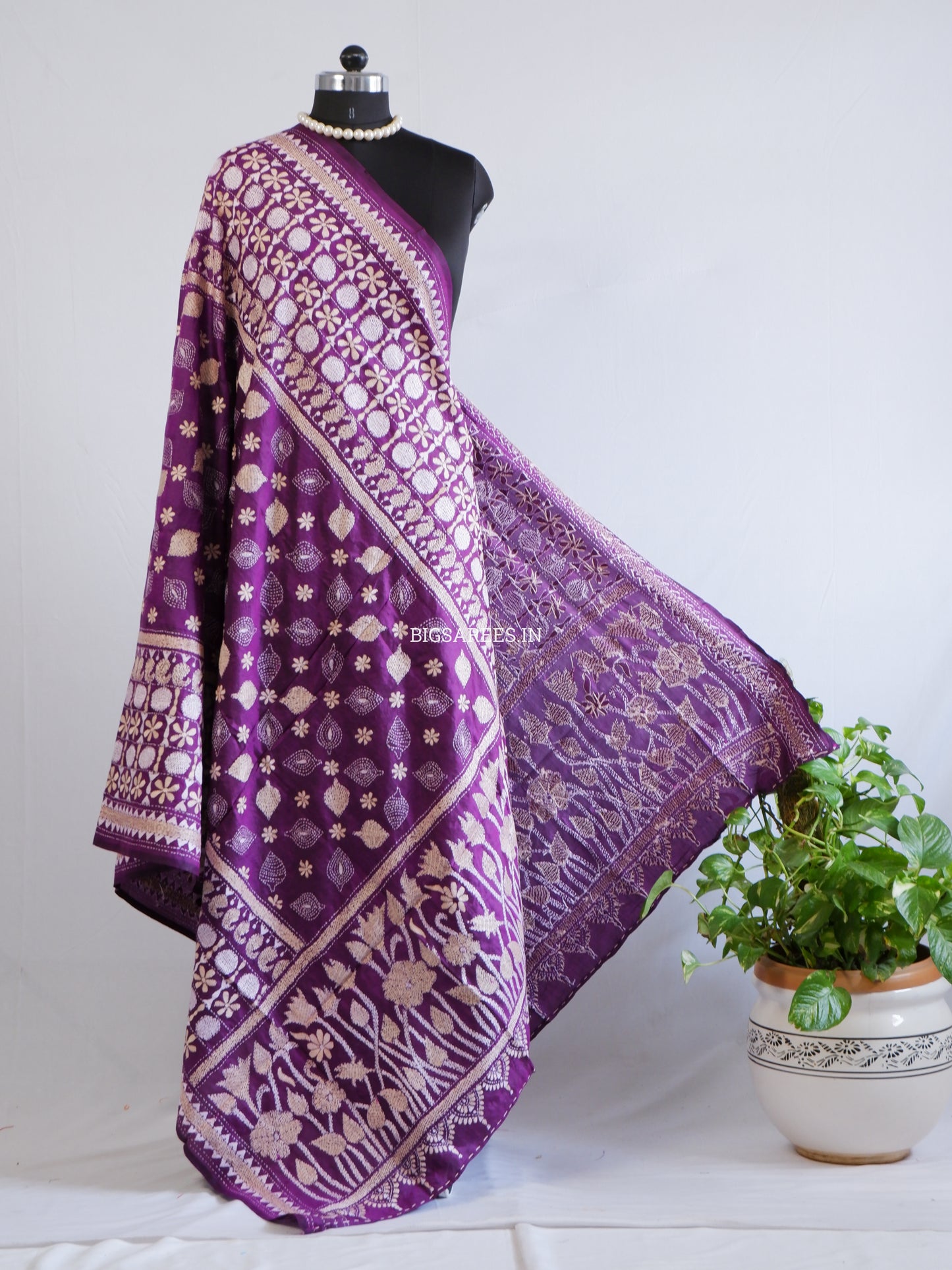 Kantha Hand-Embroidered Dupatta | Pure Bangalore Silk | Silk Marked | Purple