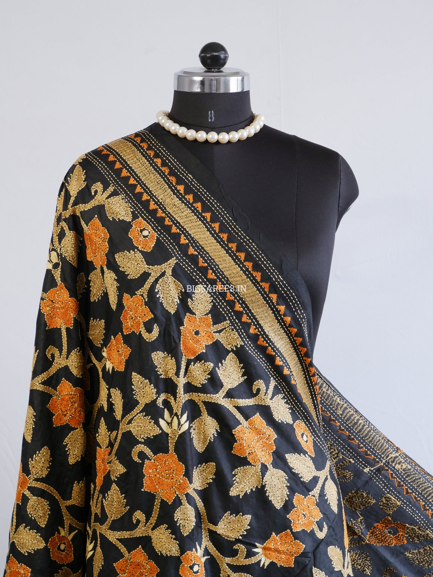 Kantha Hand-Embroidered Dupatta | Pure Bangalore Silk | Silk Marked | Black