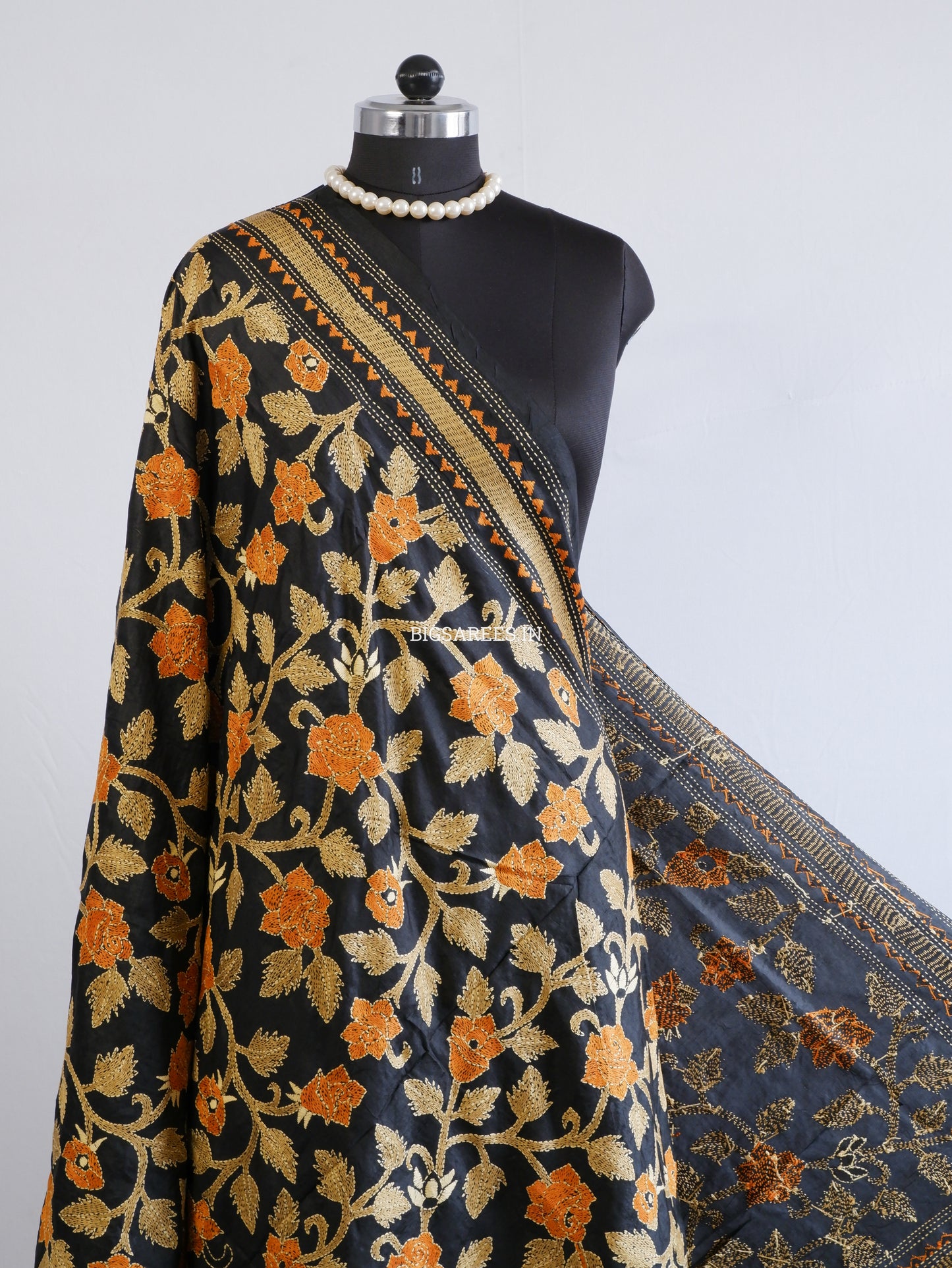 Kantha Hand-Embroidered Dupatta | Pure Bangalore Silk | Silk Marked | Black