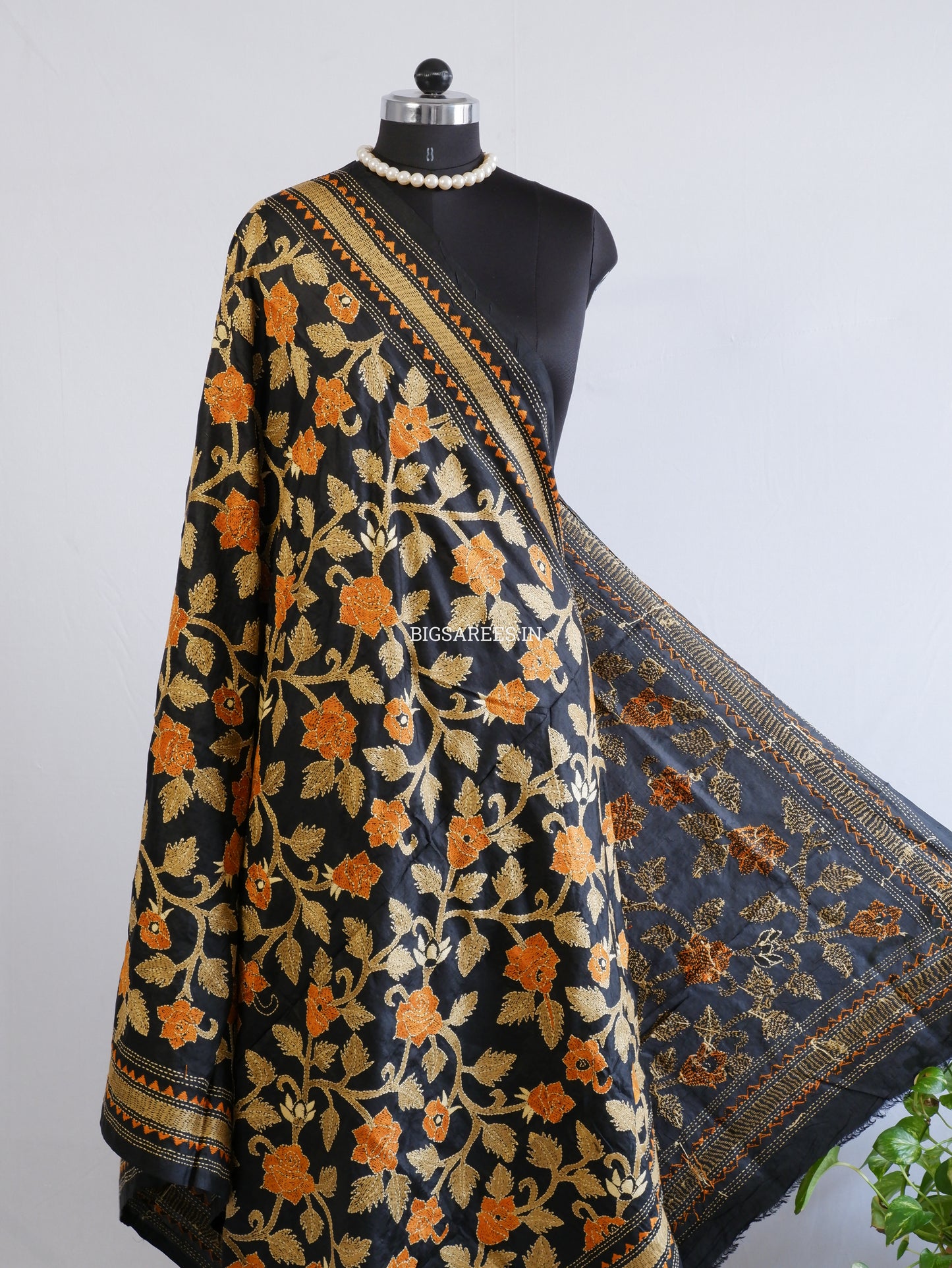 Kantha Hand-Embroidered Dupatta | Pure Bangalore Silk | Silk Marked | Black