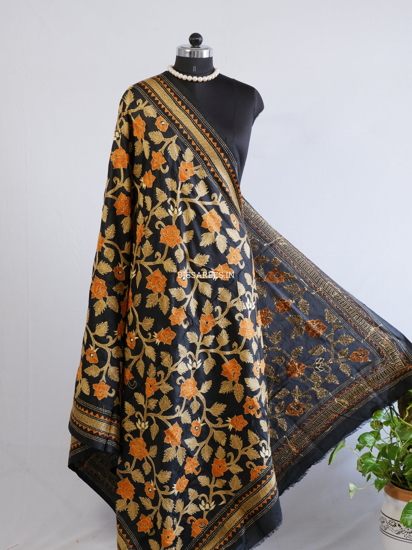 Kantha Hand-Embroidered Dupatta | Pure Bangalore Silk | Silk Marked | Black