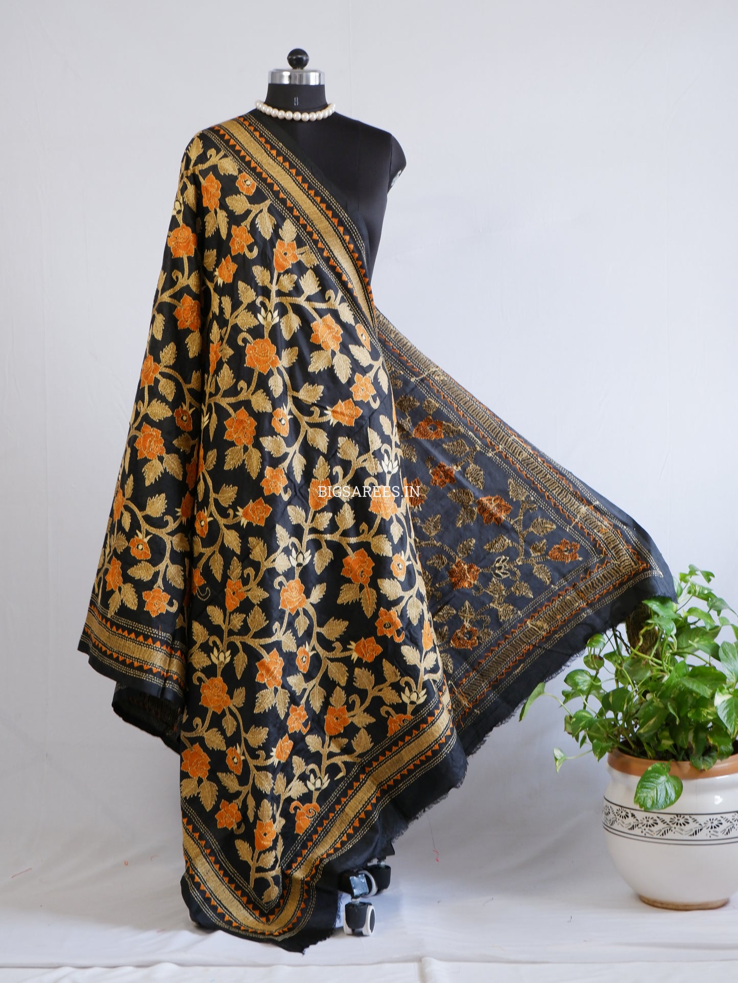 Kantha Hand-Embroidered Dupatta | Pure Bangalore Silk | Silk Marked | Black