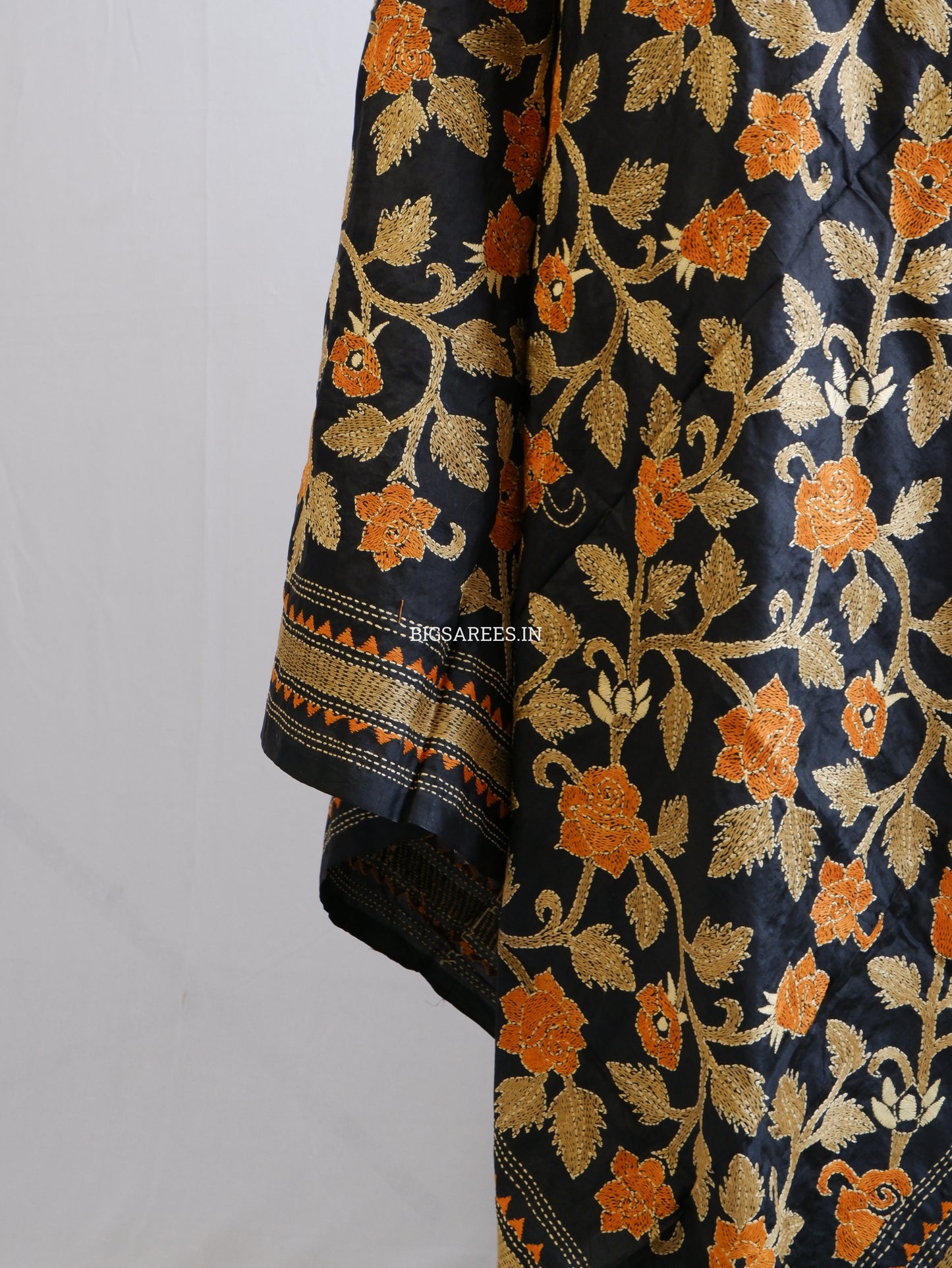 Kantha Hand-Embroidered Dupatta | Pure Bangalore Silk | Silk Marked | Black