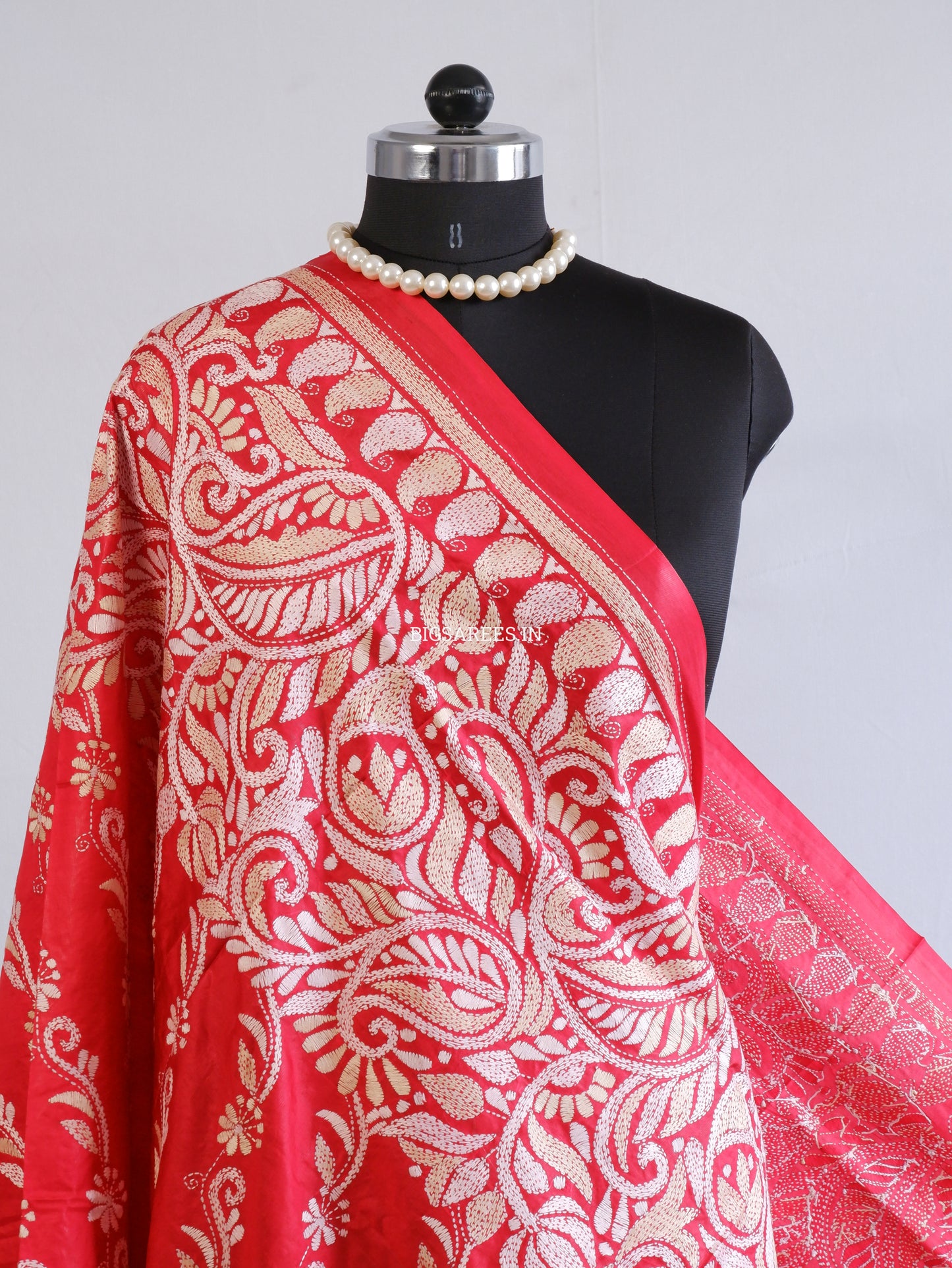 Kantha Hand-Embroidered Dupatta | Pure Bangalore Silk | Silk Marked | Red