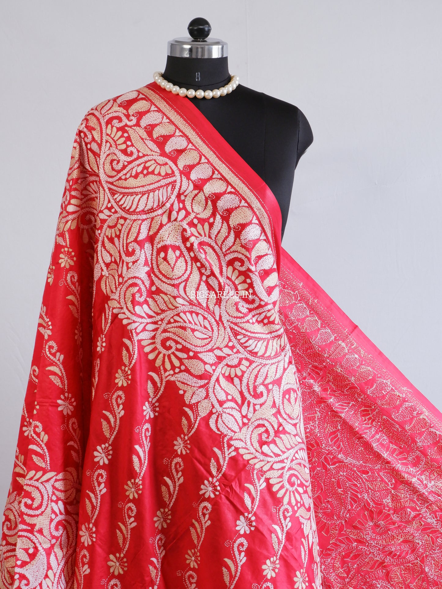 Kantha Hand-Embroidered Dupatta | Pure Bangalore Silk | Silk Marked | Red