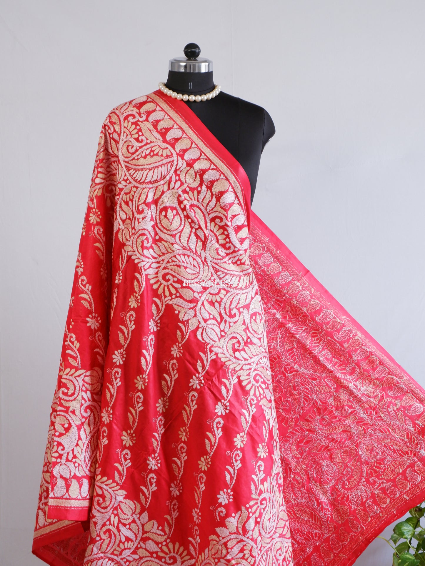 Kantha Hand-Embroidered Dupatta | Pure Bangalore Silk | Silk Marked | Red