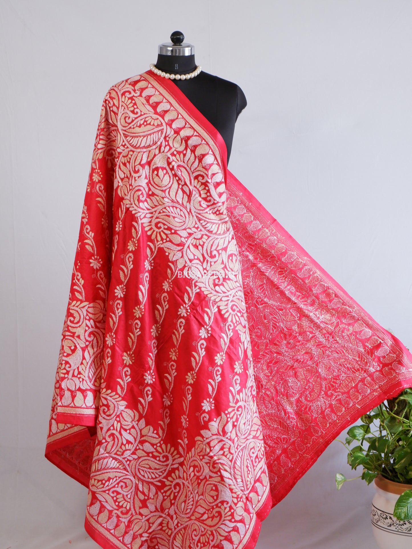 Kantha Hand-Embroidered Dupatta | Pure Bangalore Silk | Silk Marked | Red