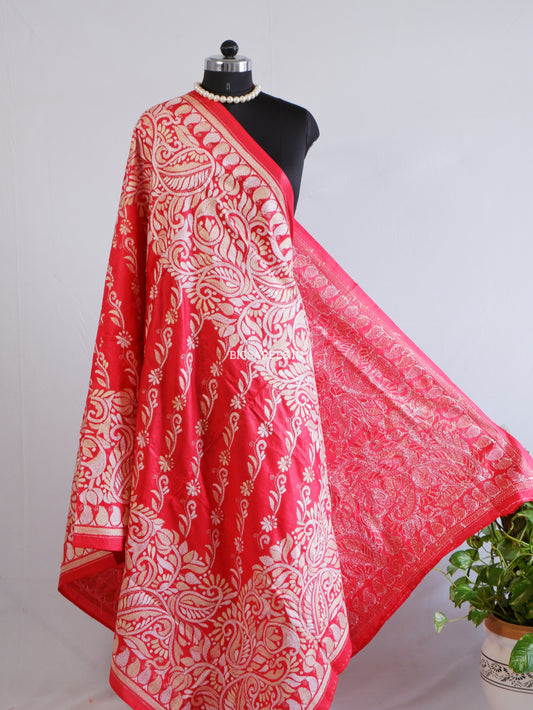 Kantha Hand-Embroidered Dupatta | Pure Bangalore Silk | Silk Marked | Red