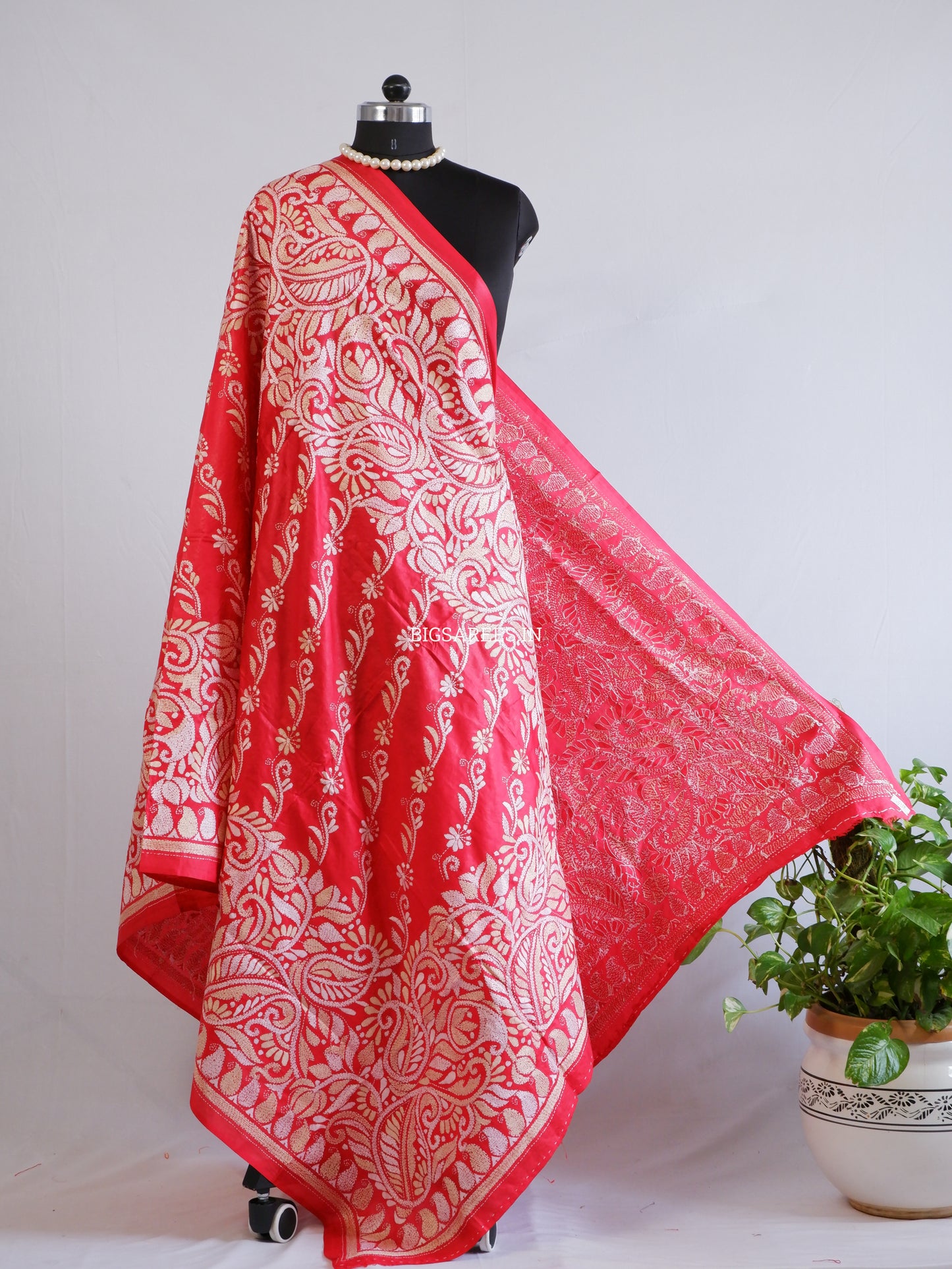 Kantha Hand-Embroidered Dupatta | Pure Bangalore Silk | Silk Marked | Red
