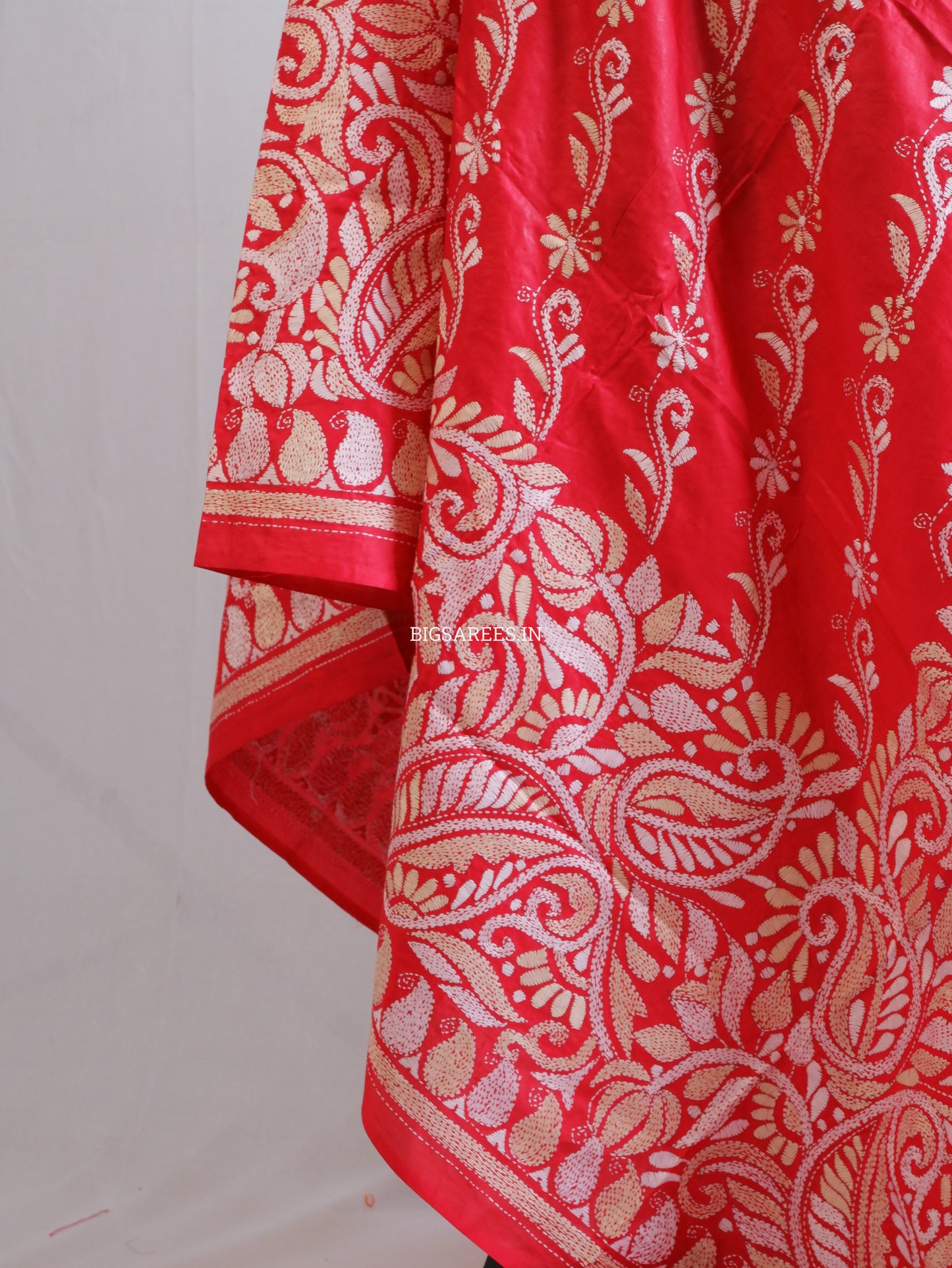 Kantha Hand-Embroidered Dupatta | Pure Bangalore Silk | Silk Marked | Red