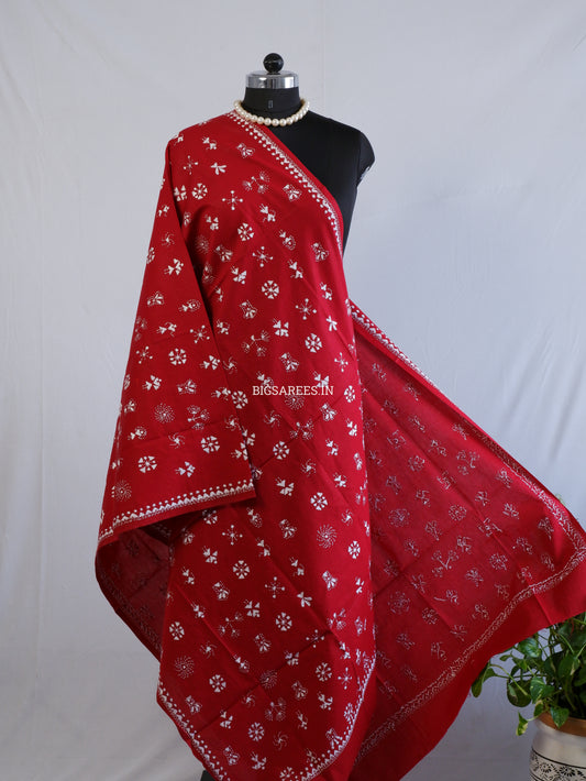Hand-Embroidered Kantha Stitch Dupatta | Khadi Cotton | Maroon (White Threadwork)