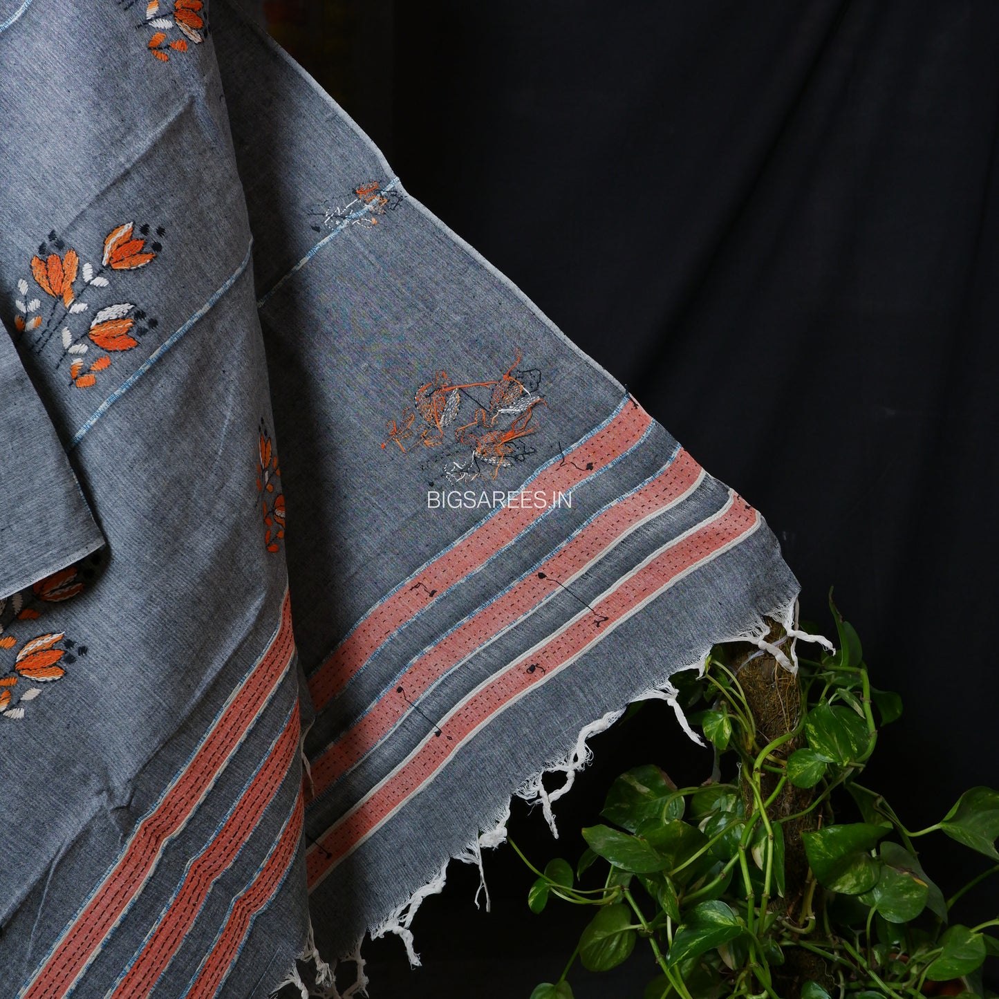 Hand-Embroidered Kantha - Stitch Dupatta | Pure Khesh Cotton | Grey | 36"|