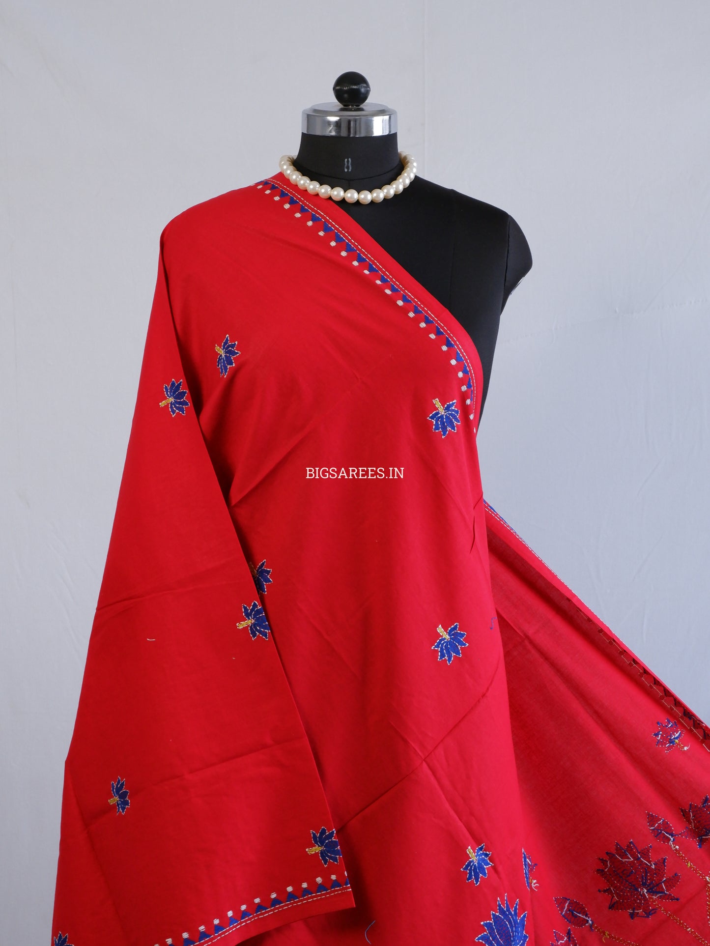 Hand-Embroidered Kantha Stitch Dupatta | Khadi Cotton | Red