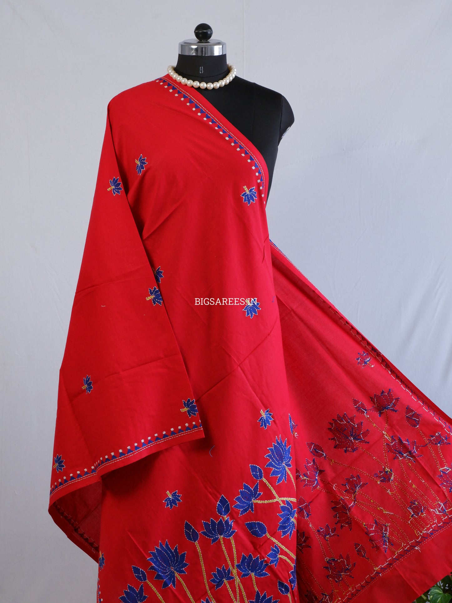 Hand-Embroidered Kantha Stitch Dupatta | Khadi Cotton | Red