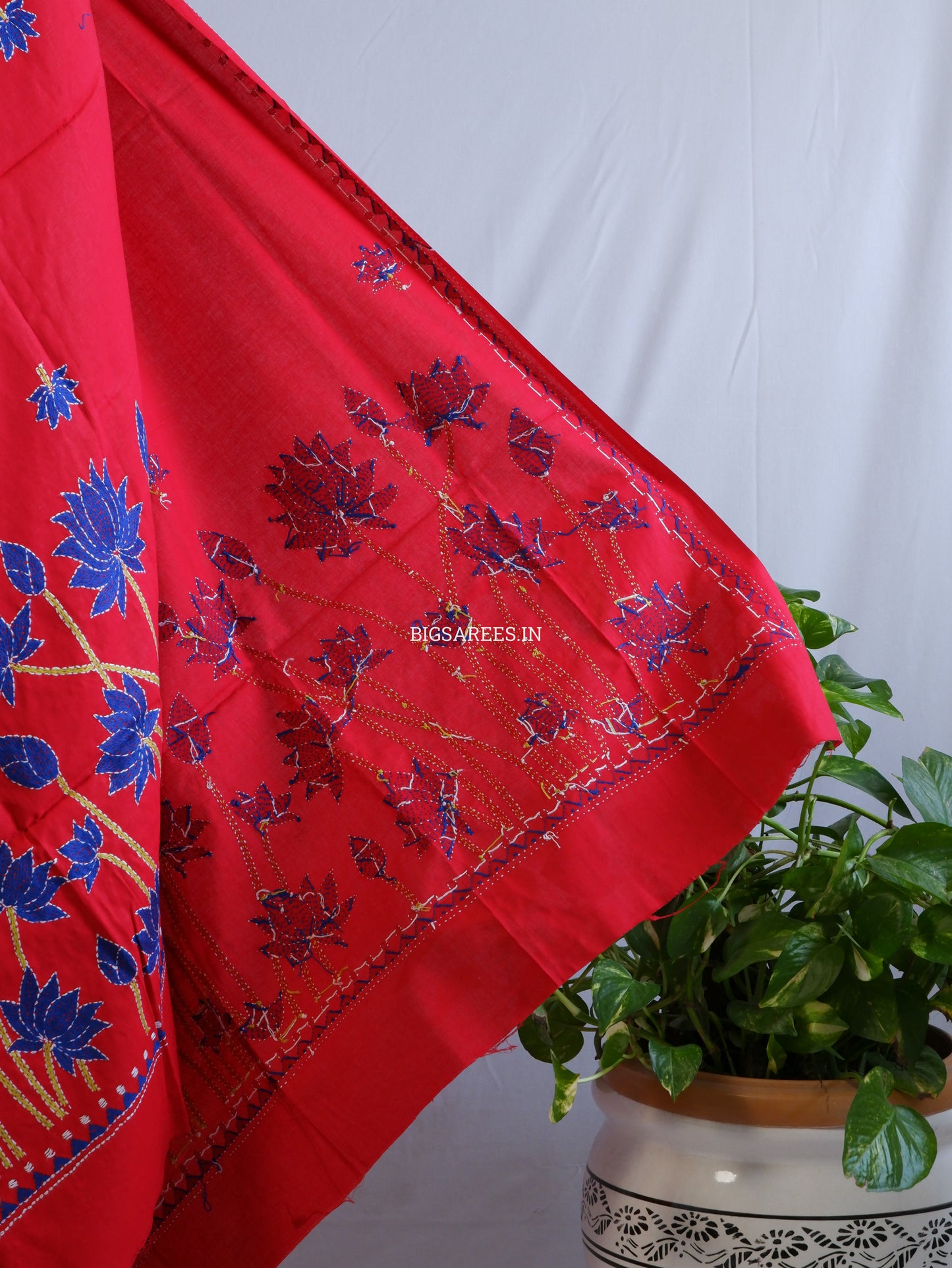 Hand-Embroidered Kantha Stitch Dupatta | Khadi Cotton | Red