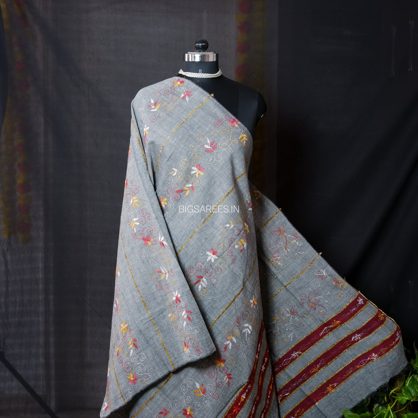 Hand-Embroidered Kantha - Stitch Dupatta | Pure Khesh Cotton | Grey | 36"|