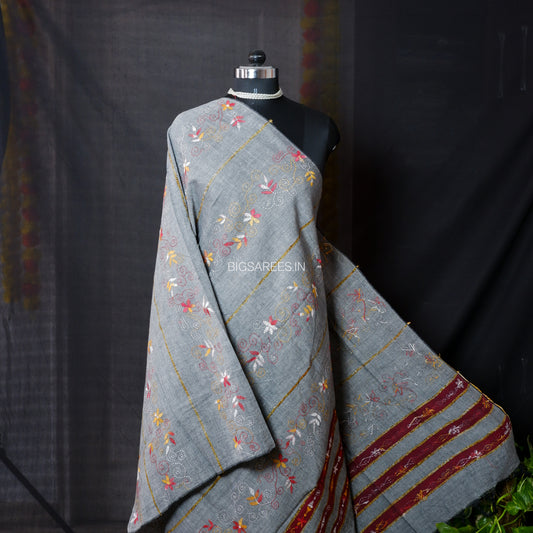 Hand-Embroidered Kantha - Stitch Dupatta | Pure Khesh Cotton | Grey | 36"|