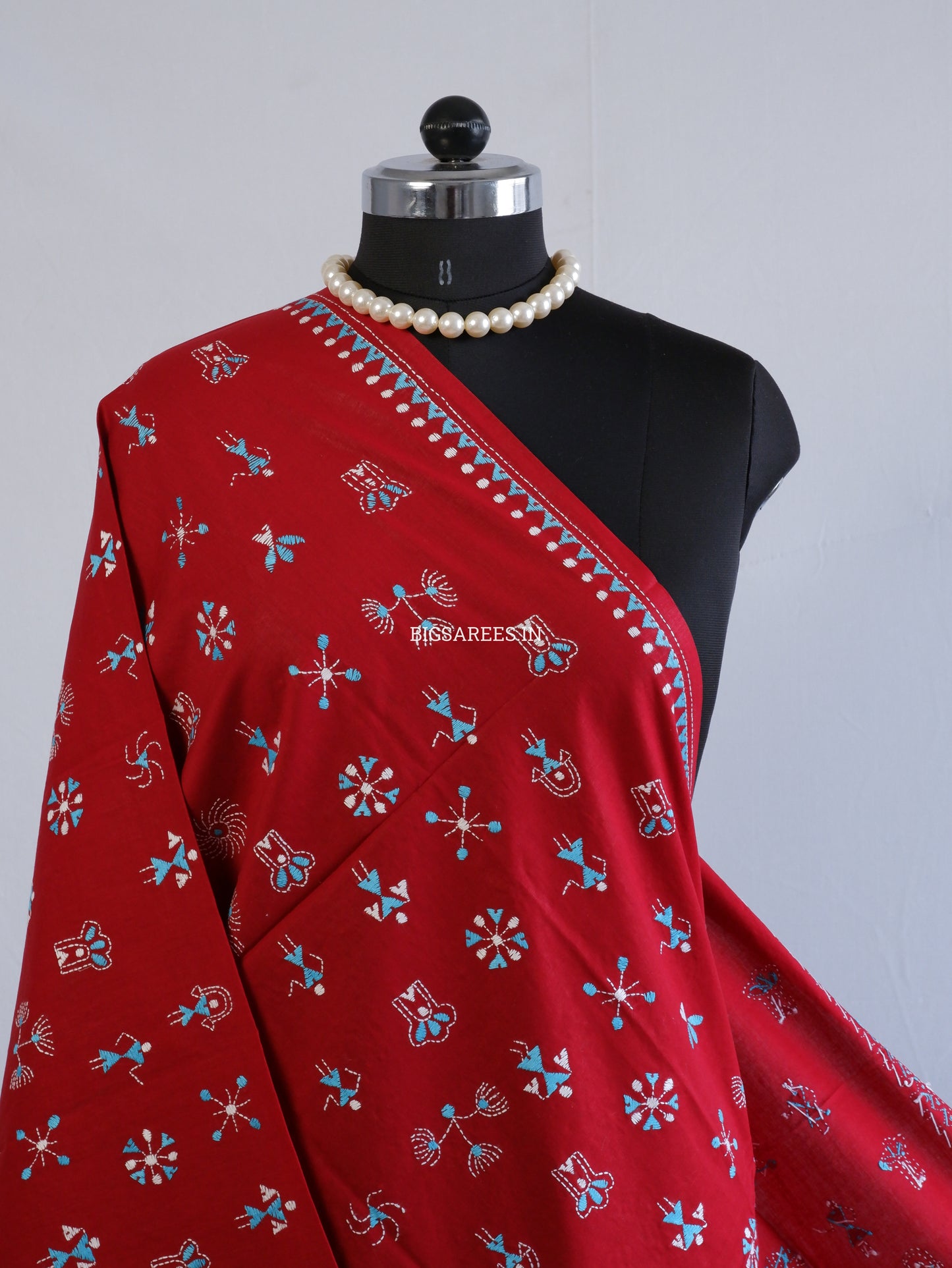 Hand-Embroidered Kantha Stitch Dupatta | Khadi Cotton | Maroon
