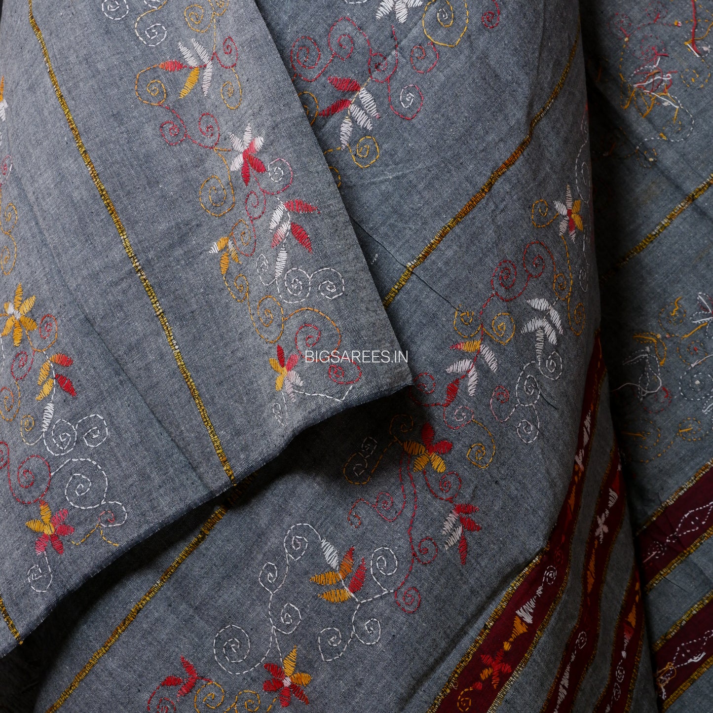 Hand-Embroidered Kantha - Stitch Dupatta | Pure Khesh Cotton | Grey | 36"|
