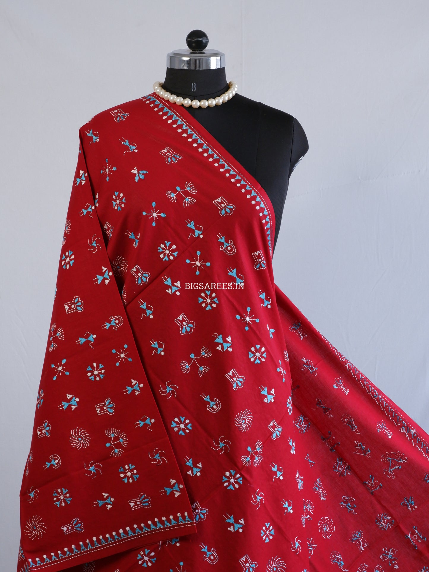 Hand-Embroidered Kantha Stitch Dupatta | Khadi Cotton | Maroon