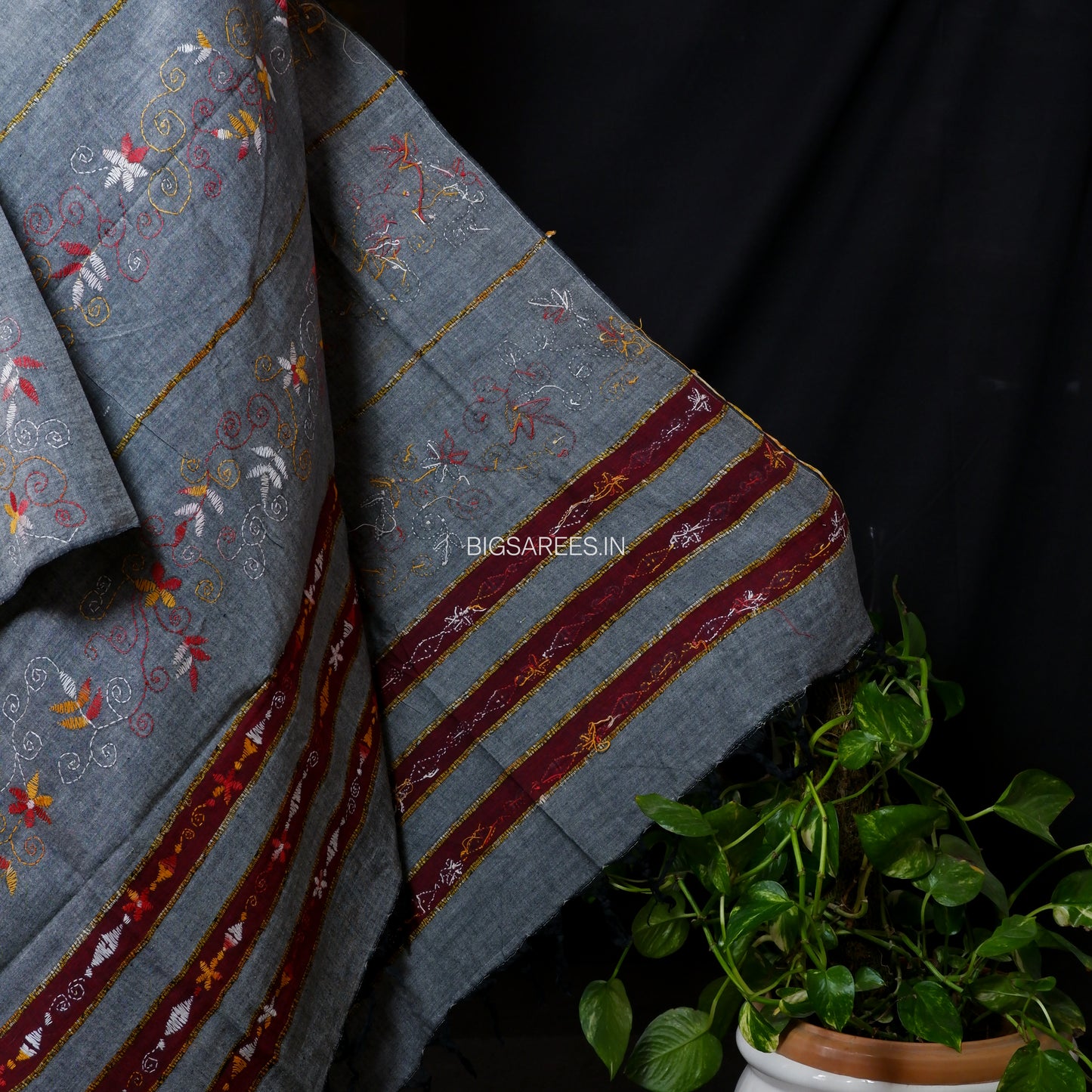 Hand-Embroidered Kantha - Stitch Dupatta | Pure Khesh Cotton | Grey | 36"|