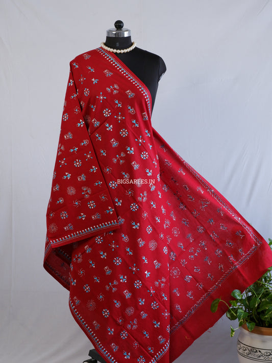 Hand-Embroidered Kantha Stitch Dupatta | Khadi Cotton | Maroon
