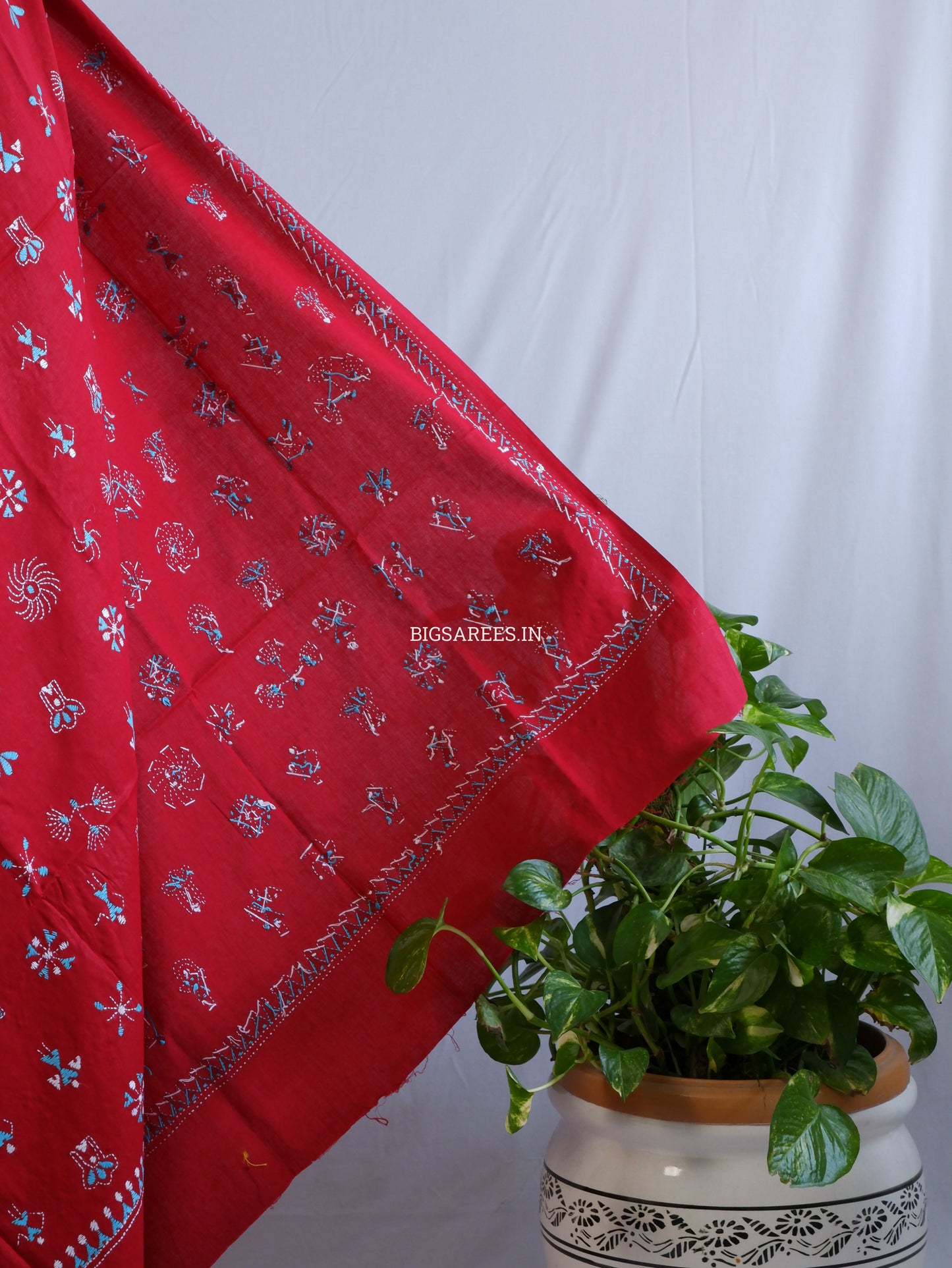 Hand-Embroidered Kantha Stitch Dupatta | Khadi Cotton | Maroon