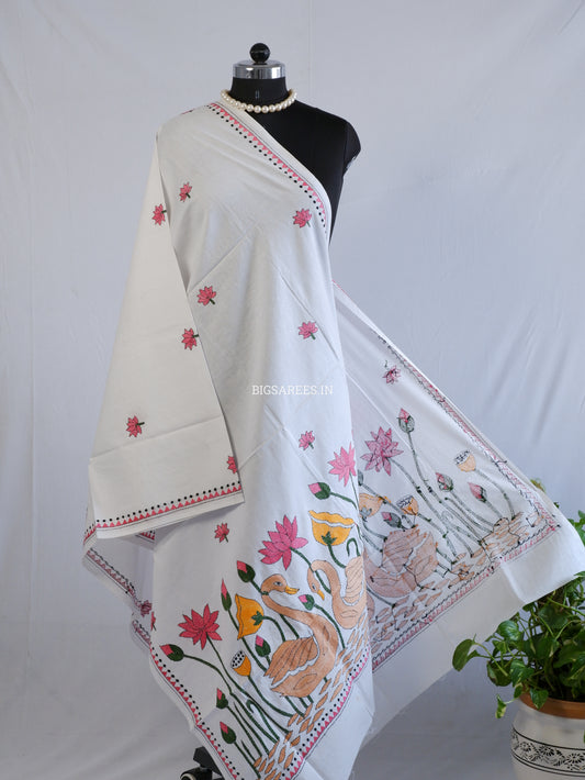 Hand-Embroidered Kantha Stitch Dupatta | Khadi Cotton | White