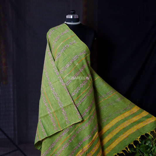 Hand-Embroidered Kantha - Stitch Dupatta | Pure Khesh Cotton | Grass Green | 36"|