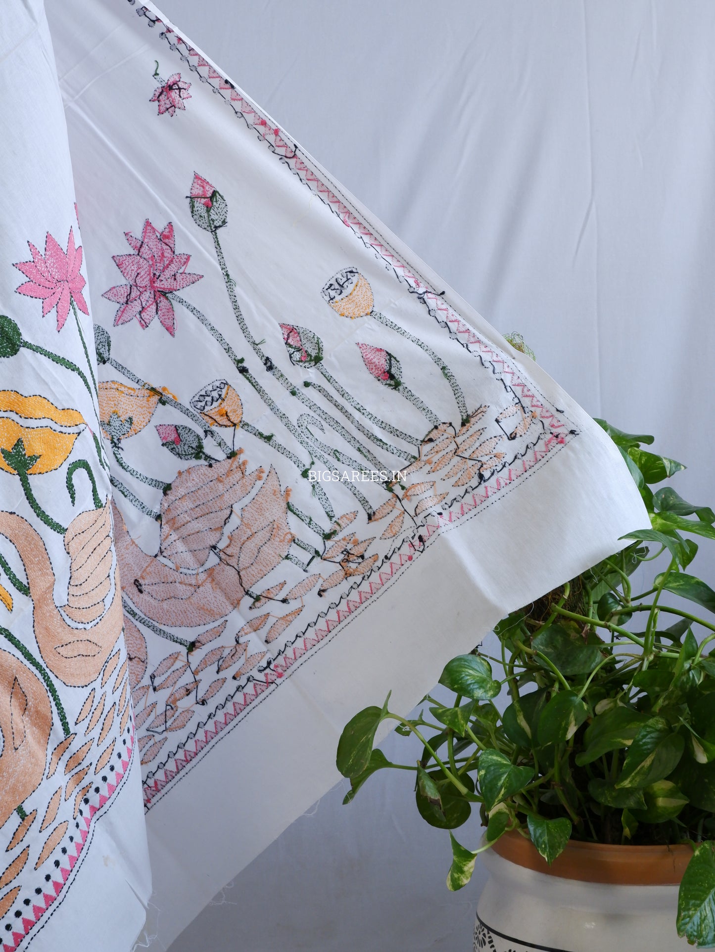 Hand-Embroidered Kantha Stitch Dupatta | Khadi Cotton | White