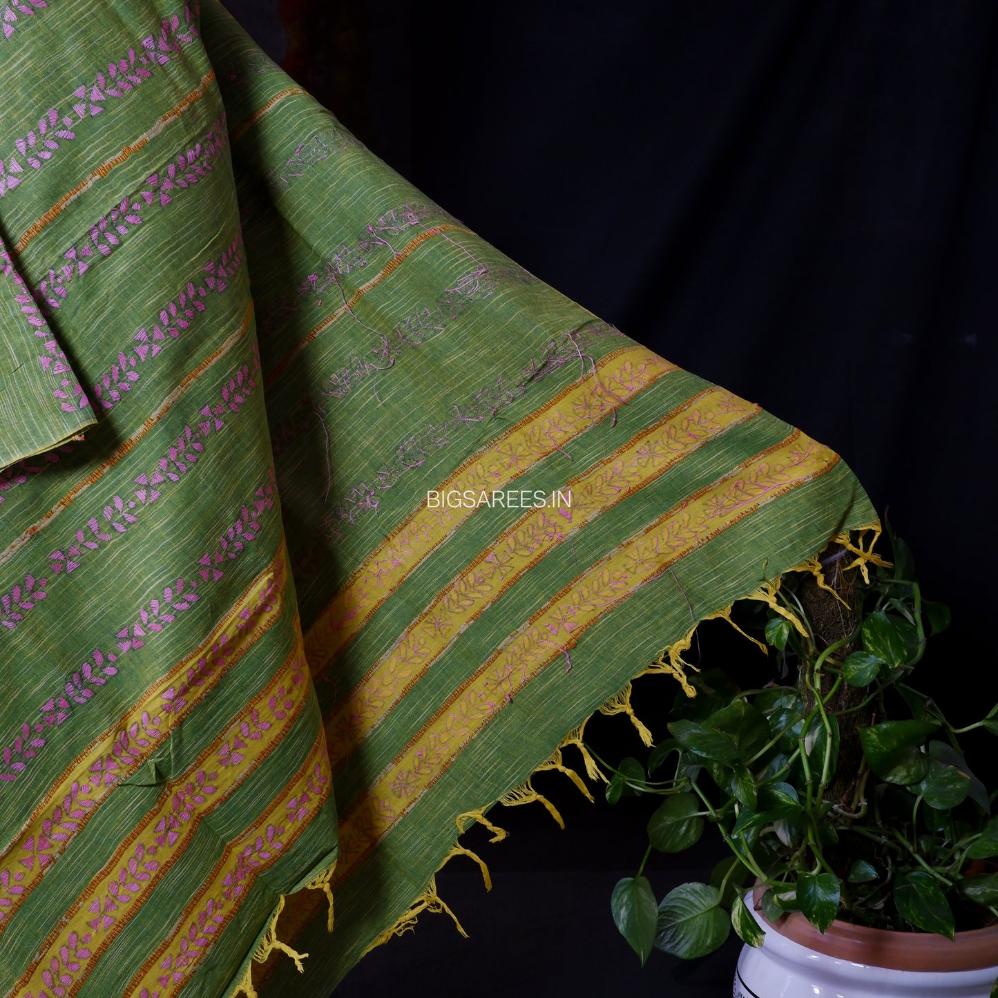 Hand-Embroidered Kantha - Stitch Dupatta | Pure Khesh Cotton | Grass Green | 36"|