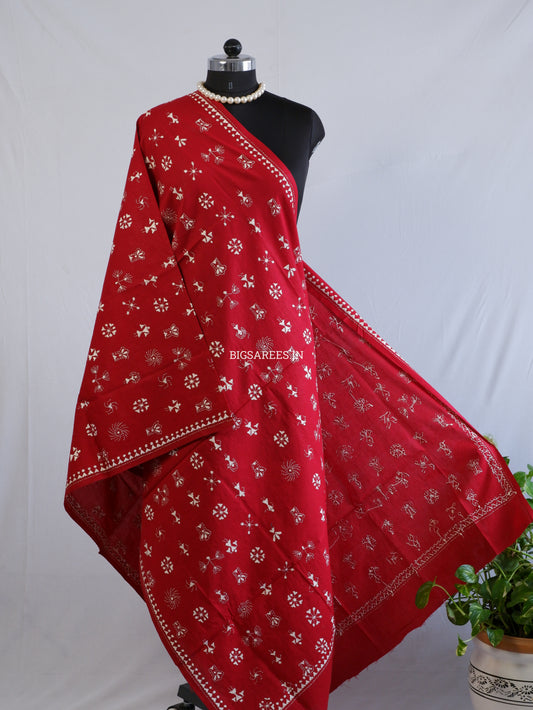Hand-Embroidered Kantha Stitch Dupatta | Khadi Cotton | Maroon (Off-White Threadwork)