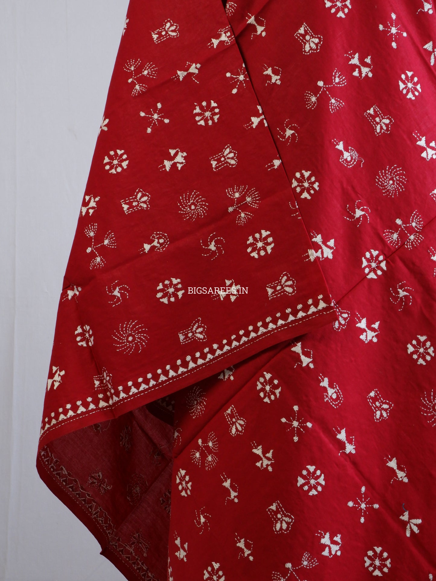 Hand-Embroidered Kantha Stitch Dupatta | Khadi Cotton | Maroon (Off-White Threadwork)