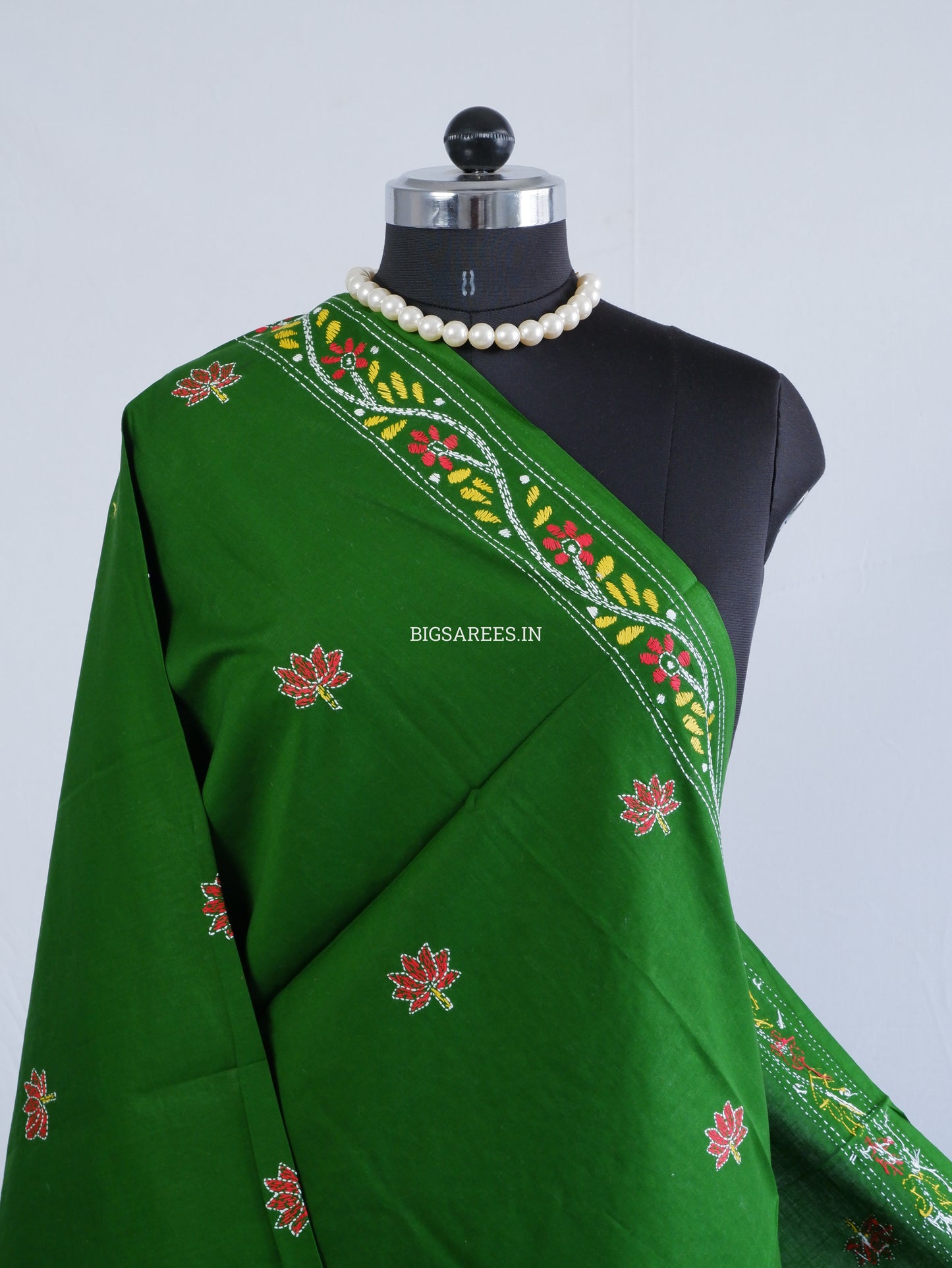 Hand-Embroidered Kantha Stitch Dupatta | Khadi Cotton | Green