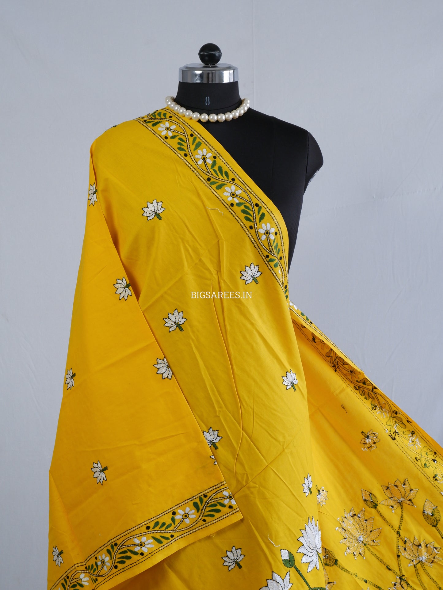 Hand-Embroidered Kantha Stitch Dupatta | Khadi Cotton | Yellow