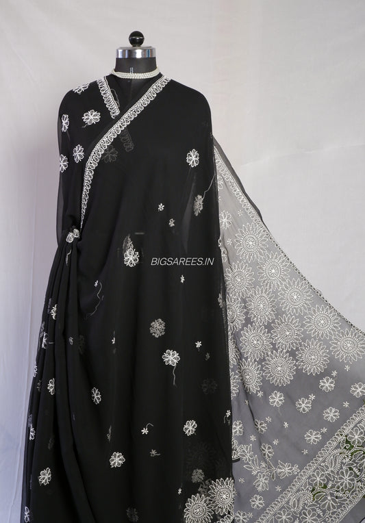 Chikankari Hand Embroidered Saree | Semi Georgette | Black