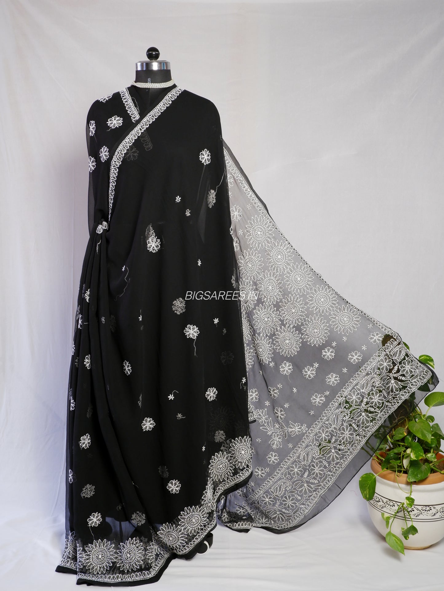Chikankari Hand Embroidered Saree | Semi Georgette | Black