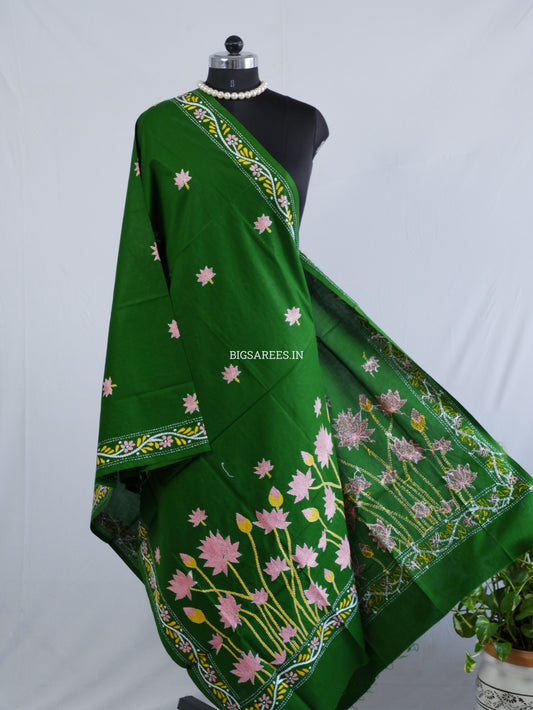 Hand-Embroidered Kantha Stitch Dupatta | Khadi Cotton | Green