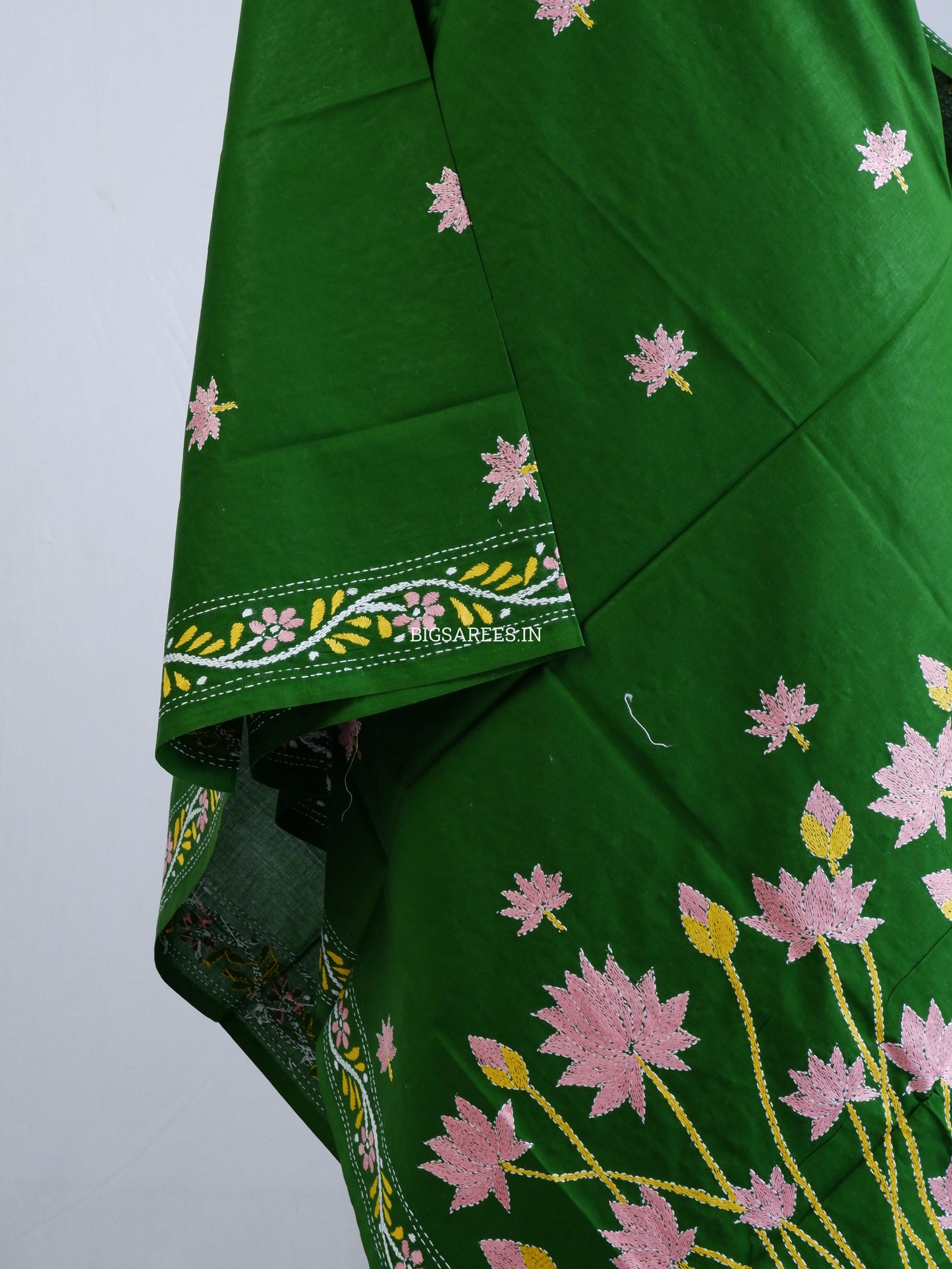 Hand-Embroidered Kantha Stitch Dupatta | Khadi Cotton | Green
