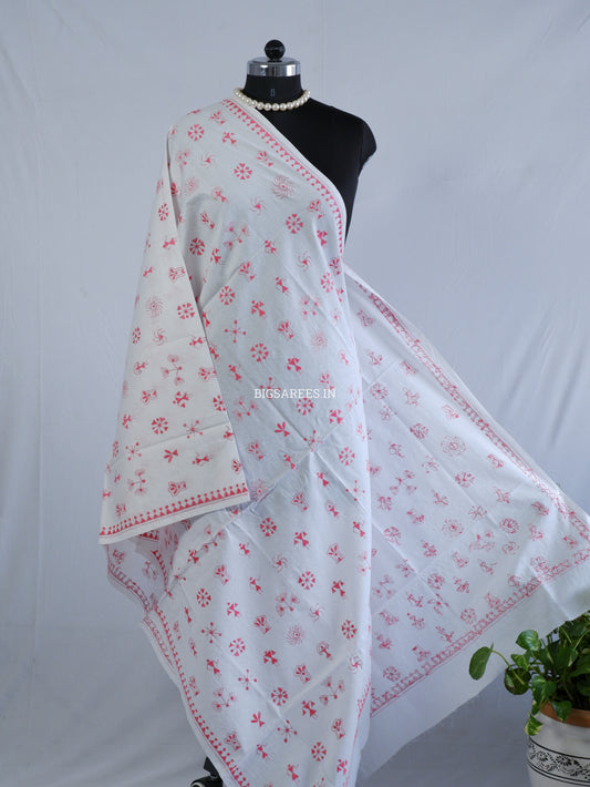 Hand-Embroidered Kantha Stitch Dupatta | Khadi Cotton | White