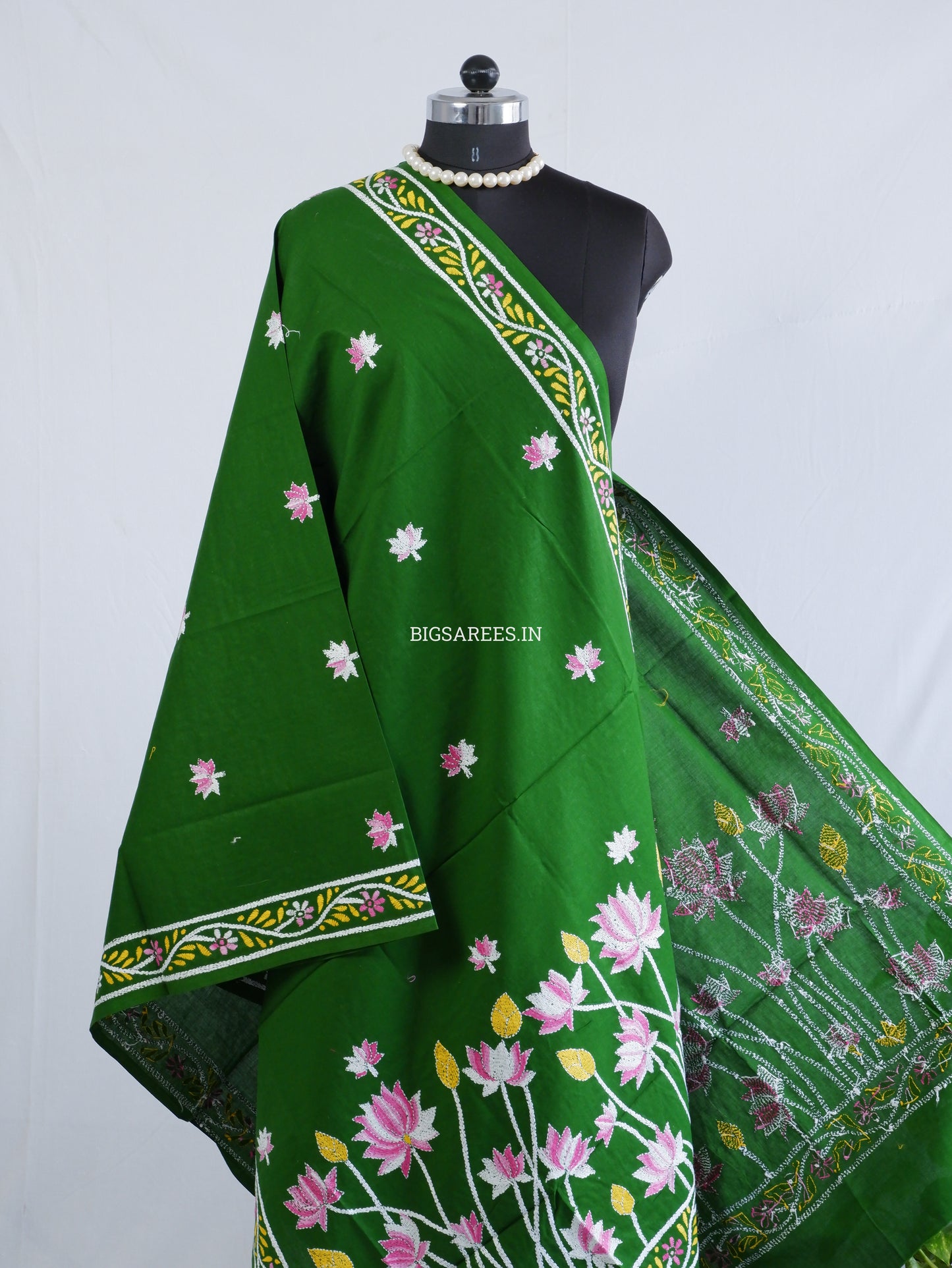 Hand-Embroidered Kantha Stitch Dupatta | Khadi Cotton | Green