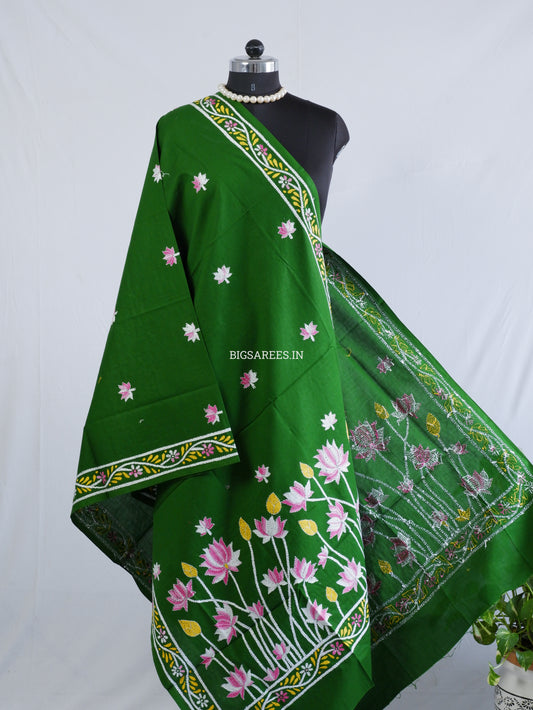 Hand-Embroidered Kantha Stitch Dupatta | Khadi Cotton | Green