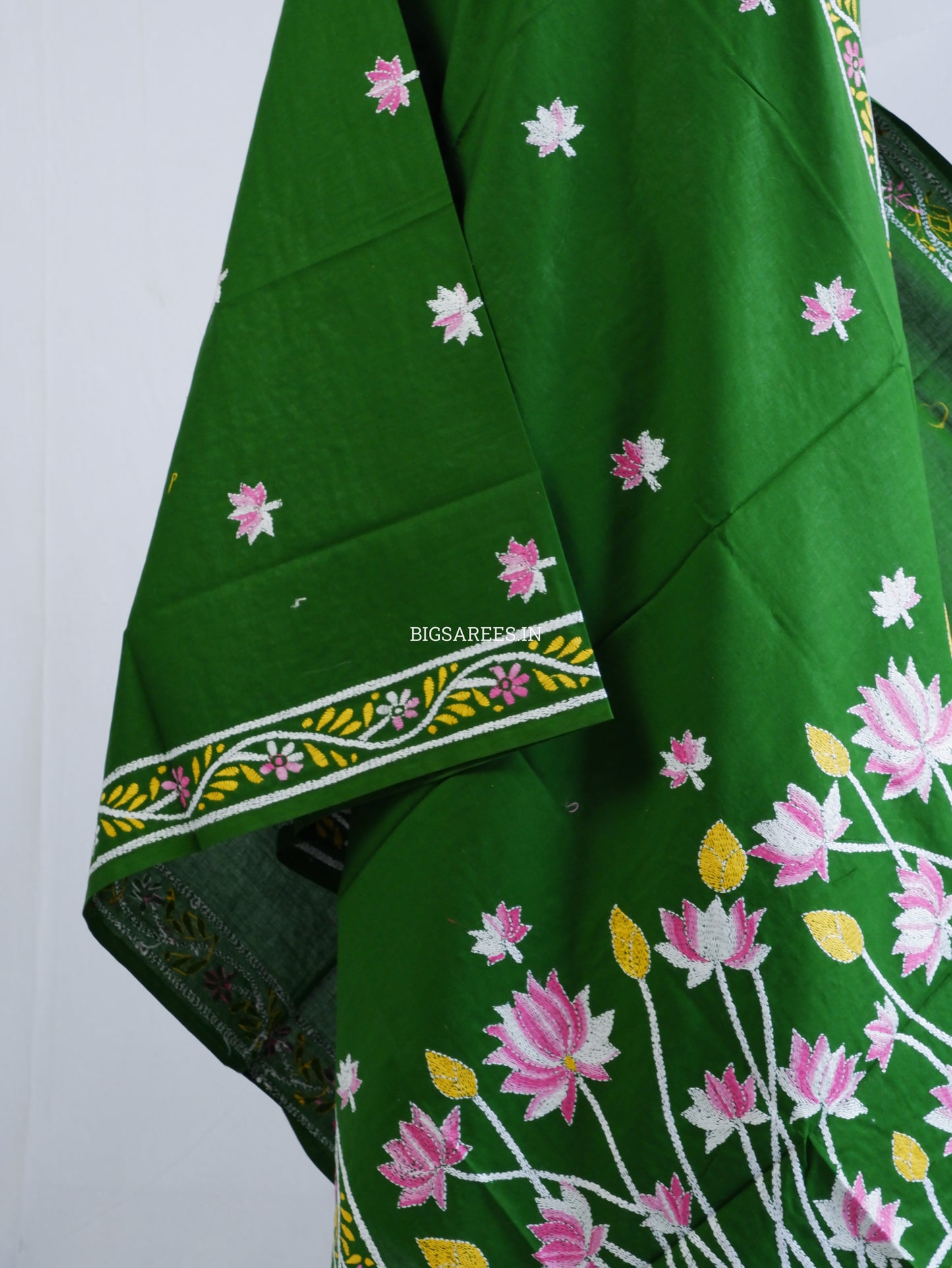 Hand-Embroidered Kantha Stitch Dupatta | Khadi Cotton | Green